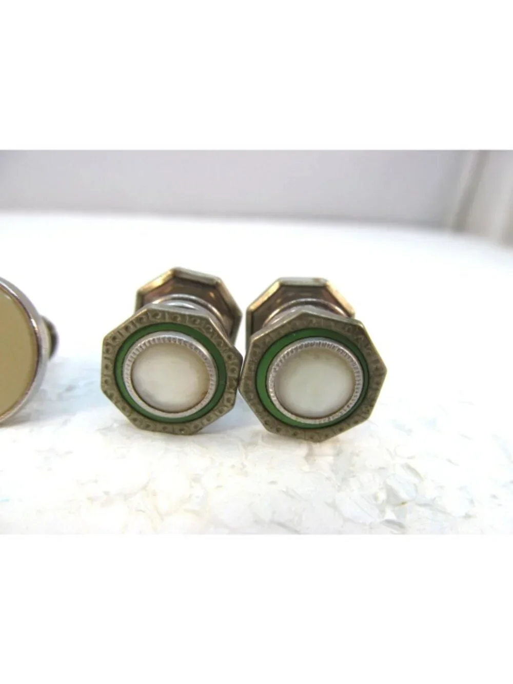 Vintage Octagonal Silver Tone Mother of Pearl Snap Link Cufflinks Double Sided